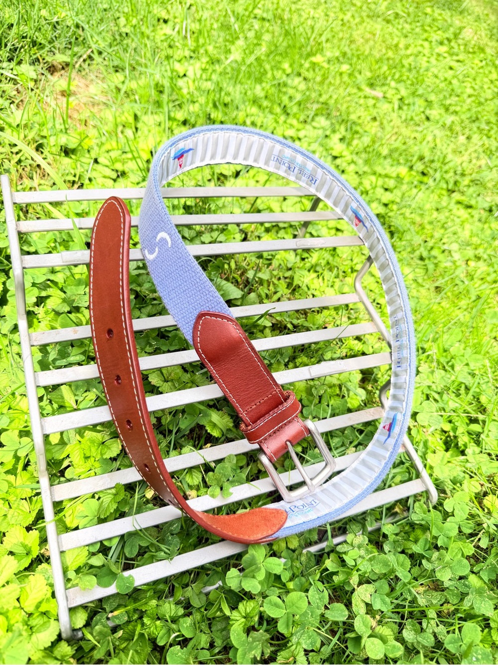 Woven Light Blue Belt with Brown Leather Trim